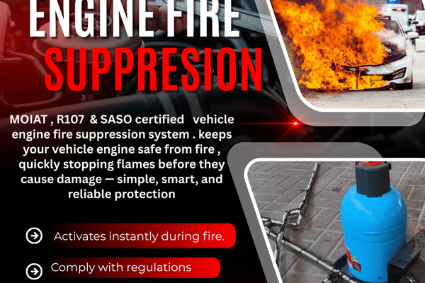 UAE-approved fire suppression systems for vehicles. Automatic engine fire protection compliant with MOIAT, R107 & SASO standards.