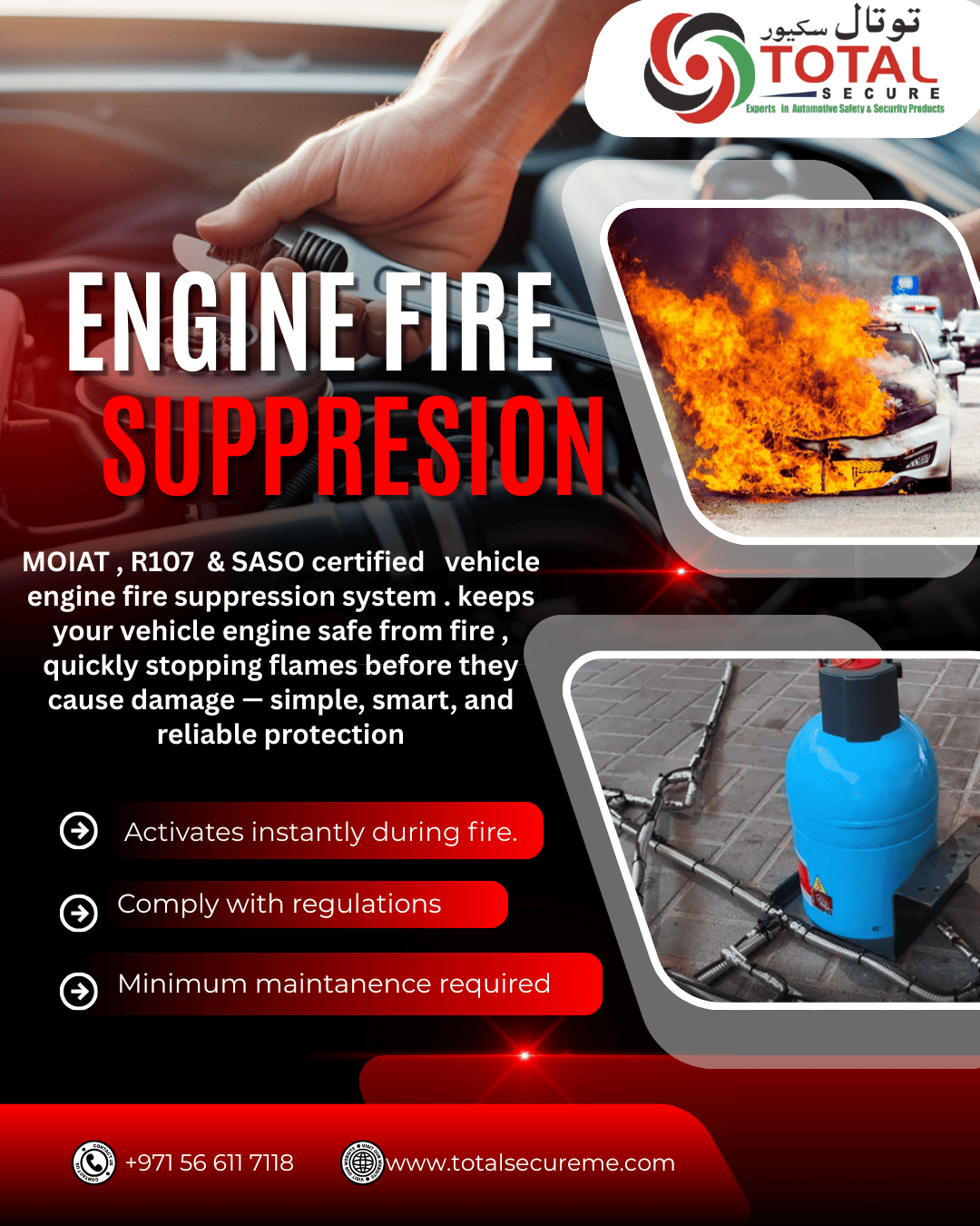 UAE-approved fire suppression systems for vehicles. Automatic engine fire protection compliant with MOIAT, R107 & SASO standards.